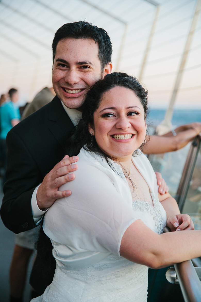 Bride and groom portrait at sunset at the Space Needle in Seattle, WA