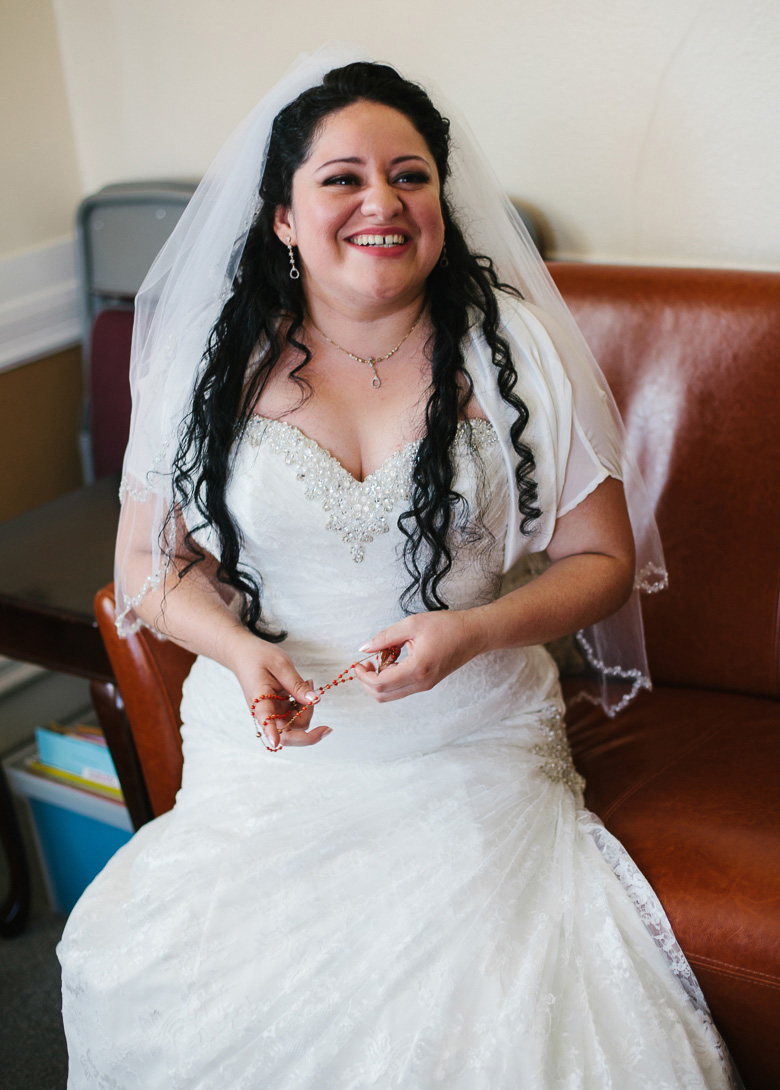 Bride before wedding at Blessed Sacrament in Seattle, WA