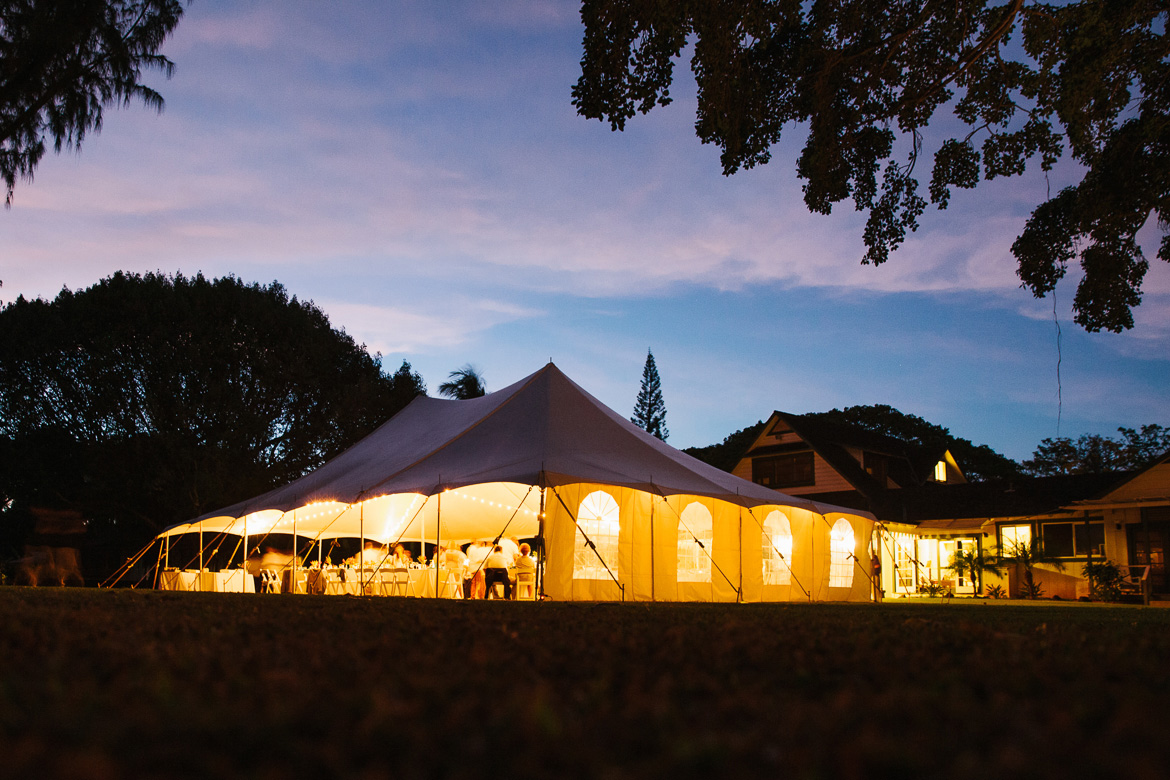 Reception tent at Waimea Plantation Cottages wedding in Kauai during photography timeline